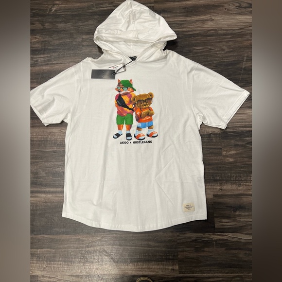 Akoo Hustle Gang Other - White Short Sleeve Tees with Hoodie and Minimalist Design